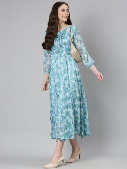 Souchii Blue Floral Chiffon Maxi Dress