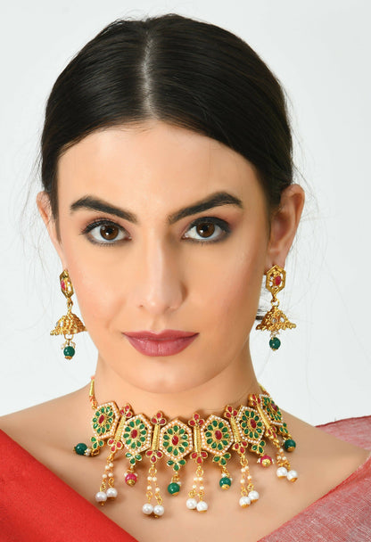 Mominos Fashion Johar Kamal Women Gold-Polished Brass Finish Meena & Pearls Work Choker