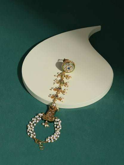 Women's Gold-Toned White Brass Kundan Gold-Polished Link Bracelet - Ruby Raang