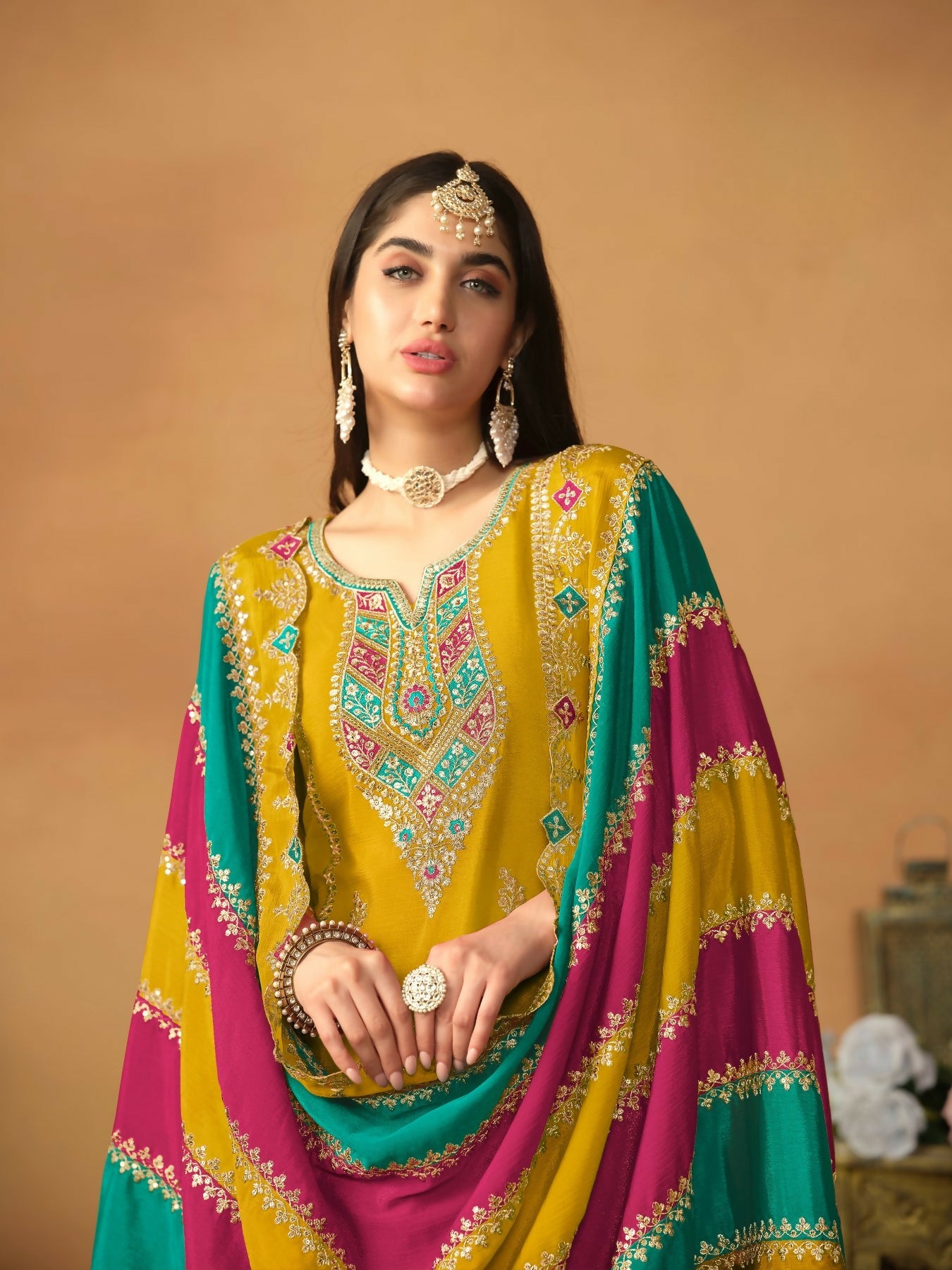Anaita Mustard Embroidered Soft Organza Salwar Suit