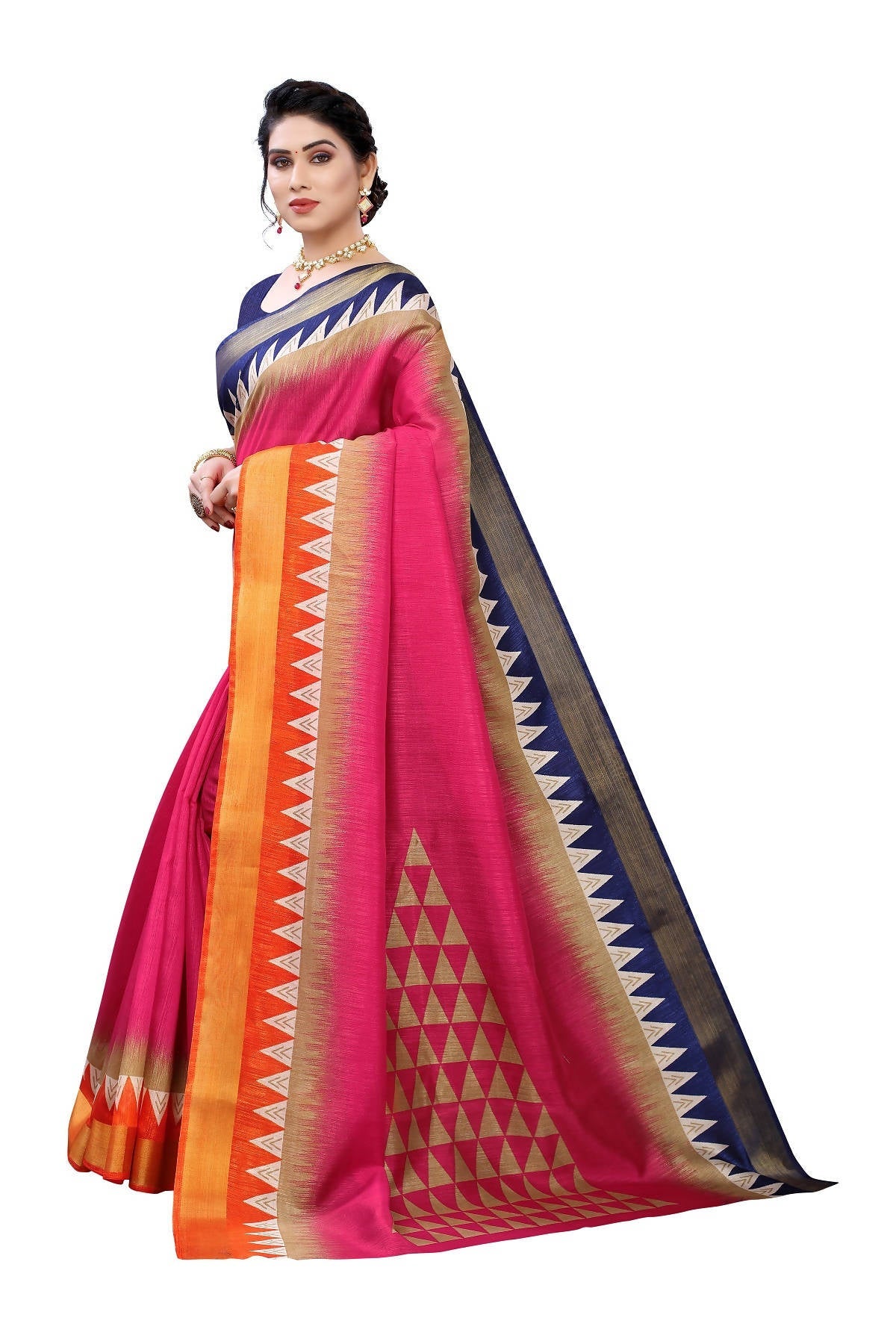 Vamika Pink & Blue Linen Jari Border Saree (GUNJAN PINK)