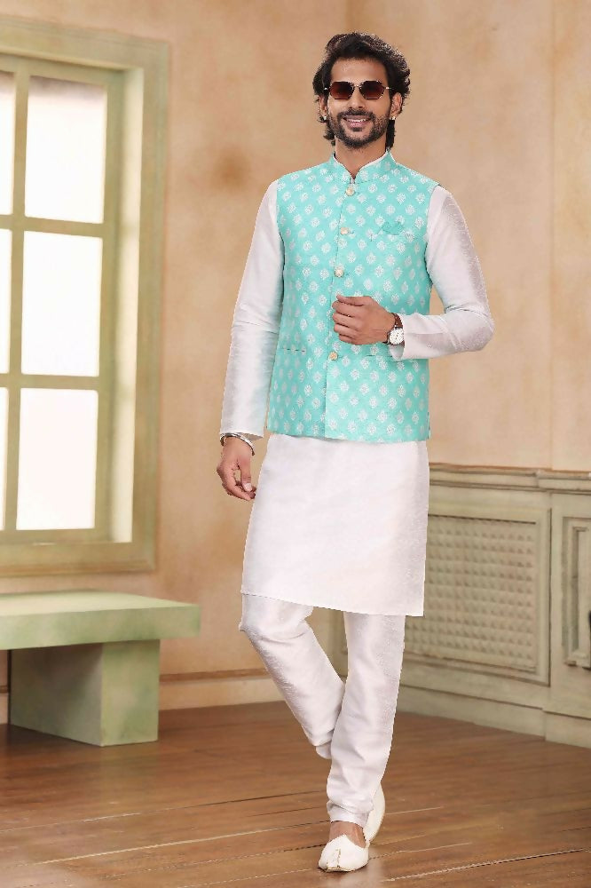 Raivat Ethnic Jacquard Banarasi Silk Woven Work 3 Pics Jacket Set In Sky Blue Colour