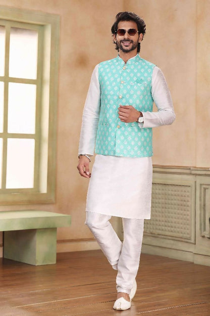 Raivat Ethnic Jacquard Banarasi Silk Woven Work 3 Pics Jacket Set In Sky Blue Colour