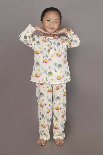 Breathables Kids Cotton Turtle Print Co-Ord Night Suit – White & Multi-Color
