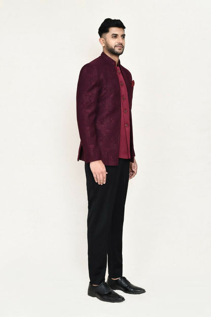 Joban Fashion Maroon Colored Imported Jacquard Fabric Open Prince Coat, Jacket With Pant