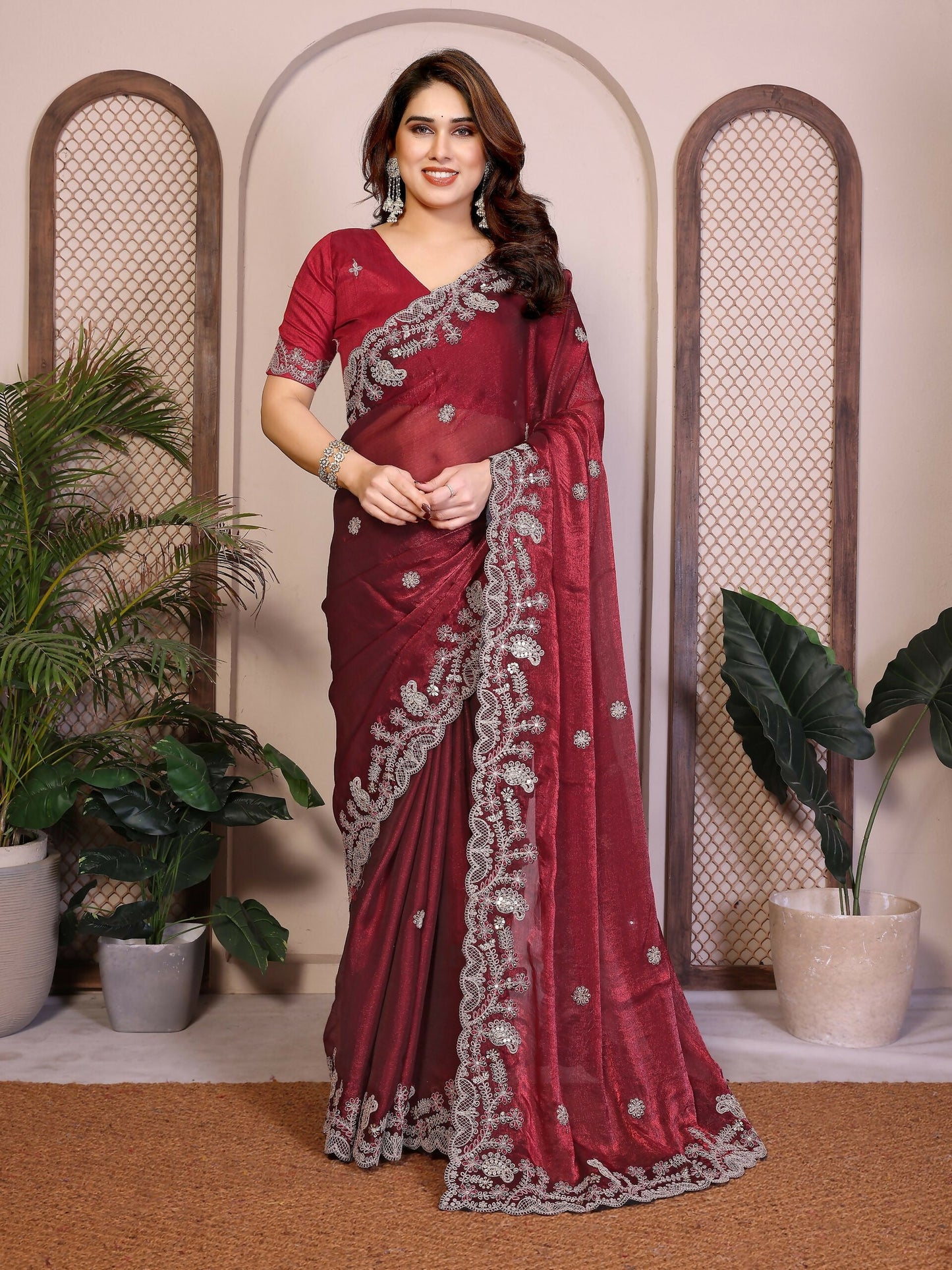 Teeya Creation New Womens Latest Party Wear Soft Chiffon Silk Saree-Red
