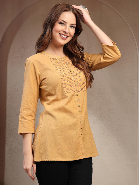 Sangria Women Embroidered Mandarin Collar Cotton Top