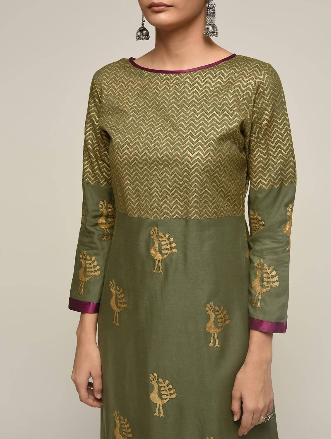 Cheera Hand Block Print Olive green Anarkali Kurta (MAAI-066K)
