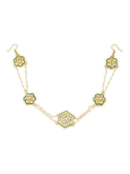 Gold-Polished White Kundan-Studded Pearl Beaded Hair Band - Ruby Raang