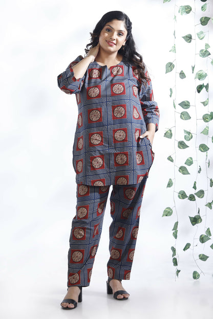Breathables Women’S Blue Cotton Geometric Print Loungewear Co-Ord Set – Hip-Length Kurta & Pants