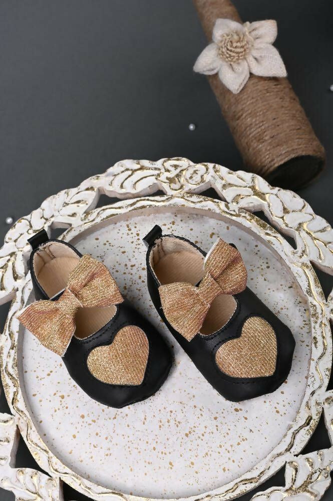 Tiny Bugs Girls Heart Bow Detailing Booties - Black & Gold