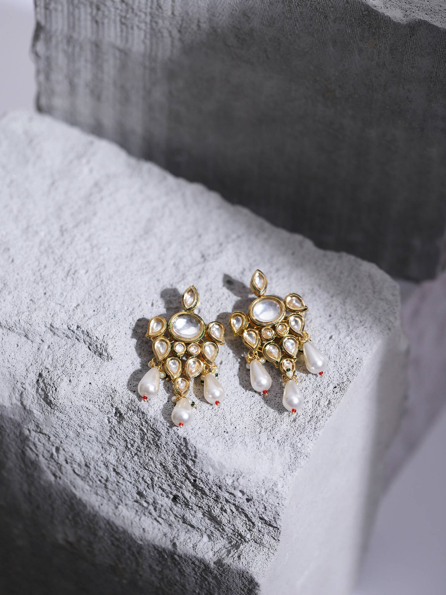 Gold-Toned White Contemporary Gold-Polished Drop Earrings - Ruby Raang