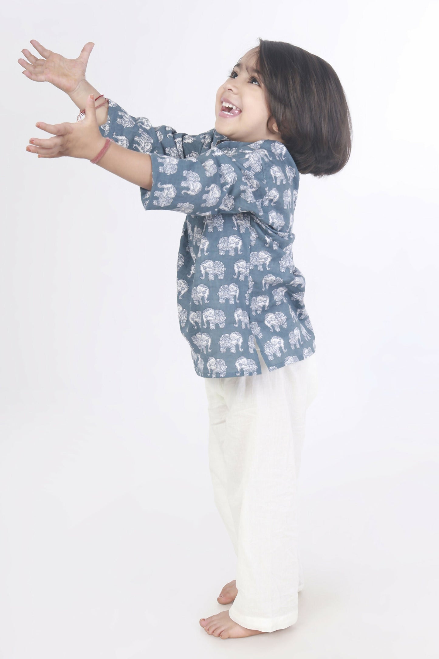 Breathables Kids Boys & Girls Cotton Night Suit – Grey Elephant Print Kurta & Pyjama Co-Ord Set