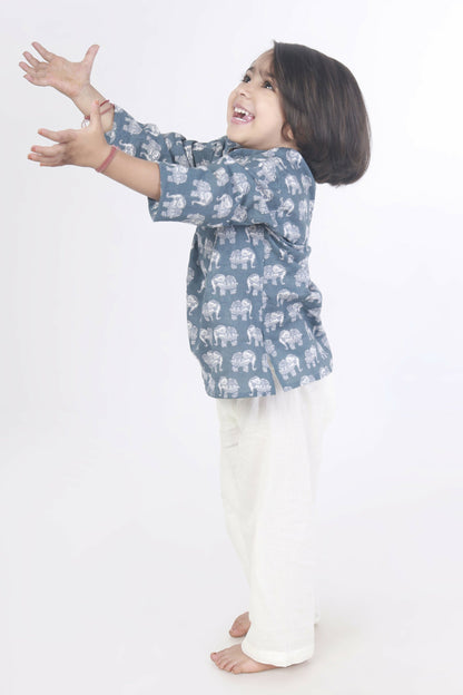 Breathables Kids Boys & Girls Cotton Night Suit – Grey Elephant Print Kurta & Pyjama Co-Ord Set
