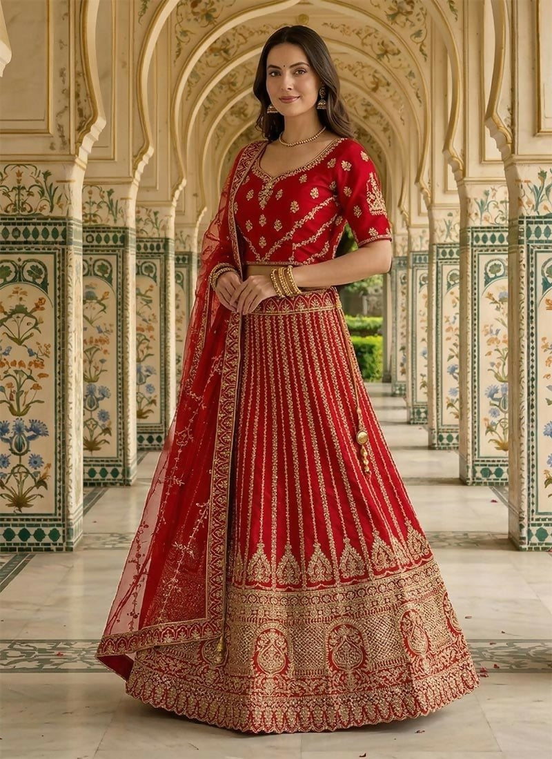 Lehenga Mart Red Heavy Silk With Fusing Designer Bollywood Style Wedding Wear Lehenga Choli