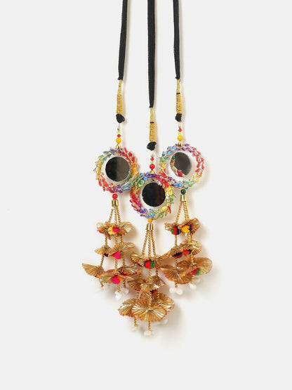 Ruby Raang Gold Gota Pati Work And Colorful Pastel Hues Threads With Shell And Black Thread And Mirror Work