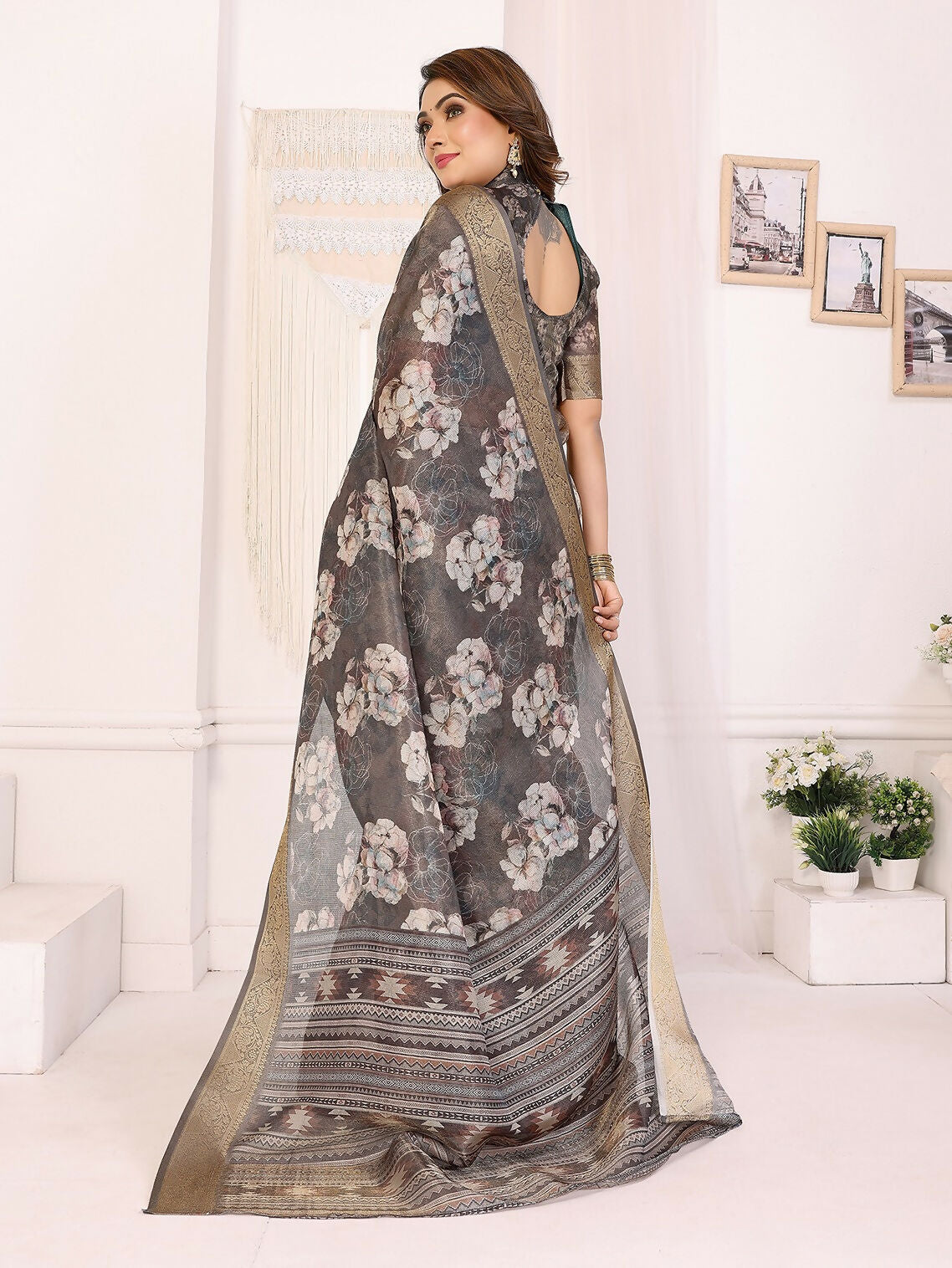 Joban Fashion Dark Grey Floral Print pattern Banarasi Silk Sarees