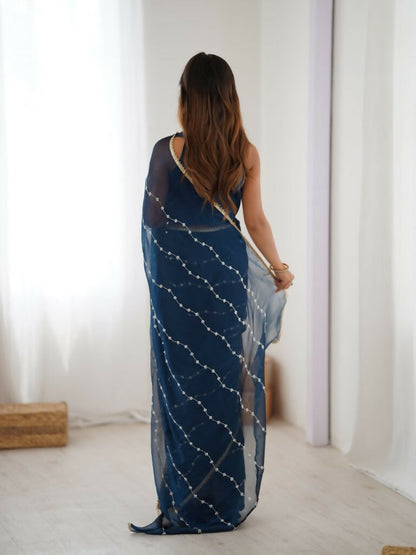 Petrol Sitara Chiffon Designer Beads Moti,Val Sequence Work Saree - Noorie