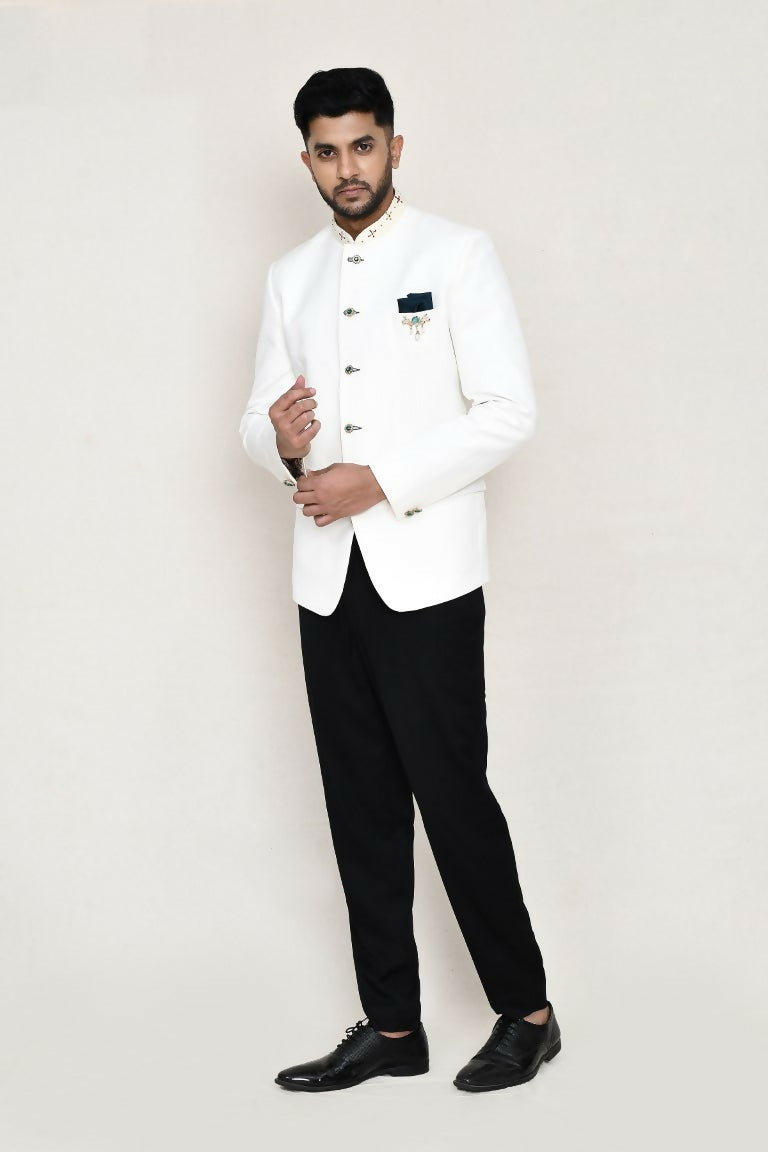 Joban Fashion White Colored Cotton Linen With Neck Embroidery Work Fabric Prince Coat, Pocket Square With Pant