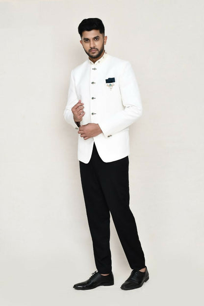 Joban Fashion White Colored Cotton Linen With Neck Embroidery Work Fabric Prince Coat, Pocket Square With Pant