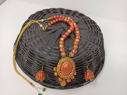 Terracotta Medium Necklace Set With Hangings-Golden Pink