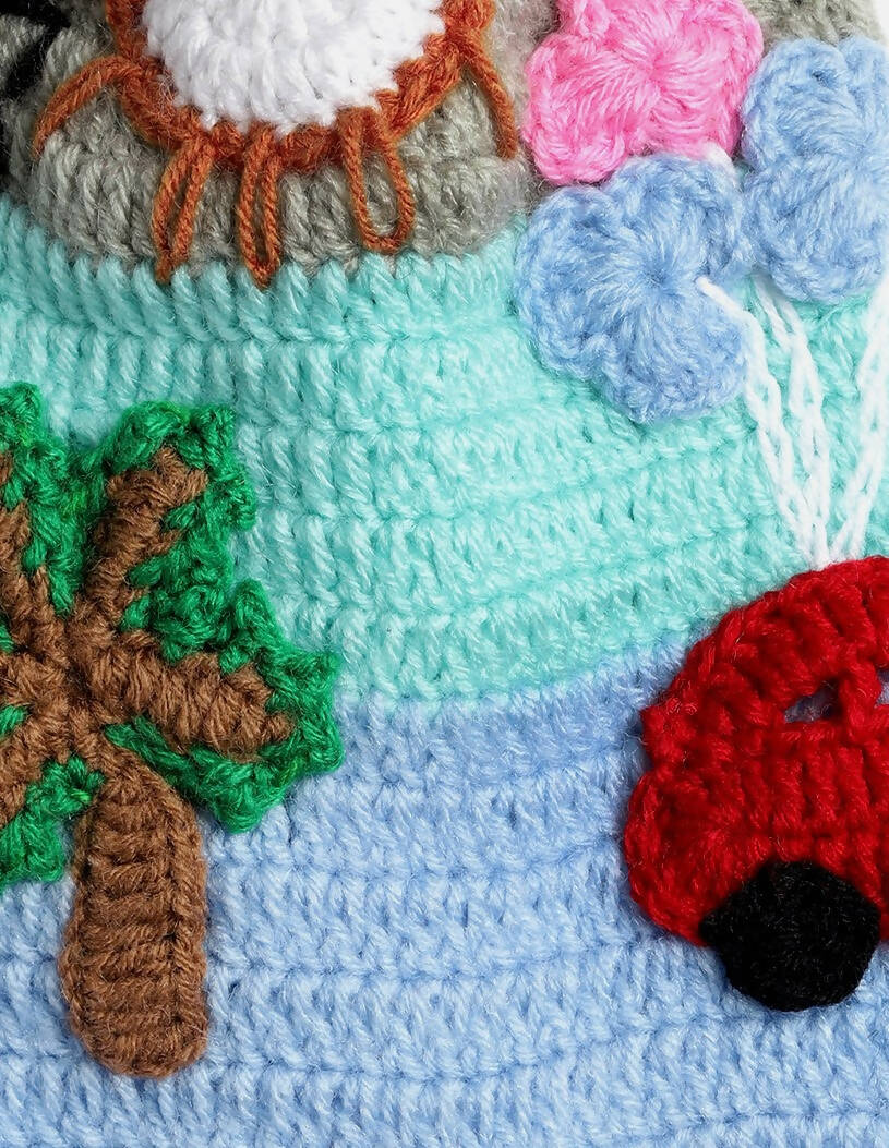 Chutput Kids Woollen Hand Knitted Trip Scenery Bobble Detailed Cap - Blue