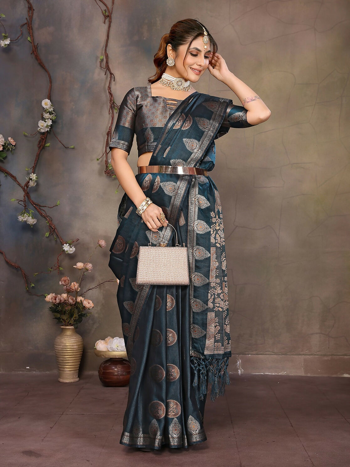 Joban Fashion Teal Blue Woven Jacquard Banarasi Silk Sarees