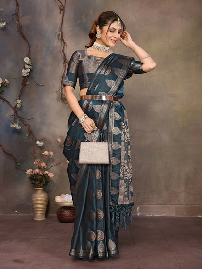 Joban Fashion Teal Blue Woven Jacquard Banarasi Silk Sarees