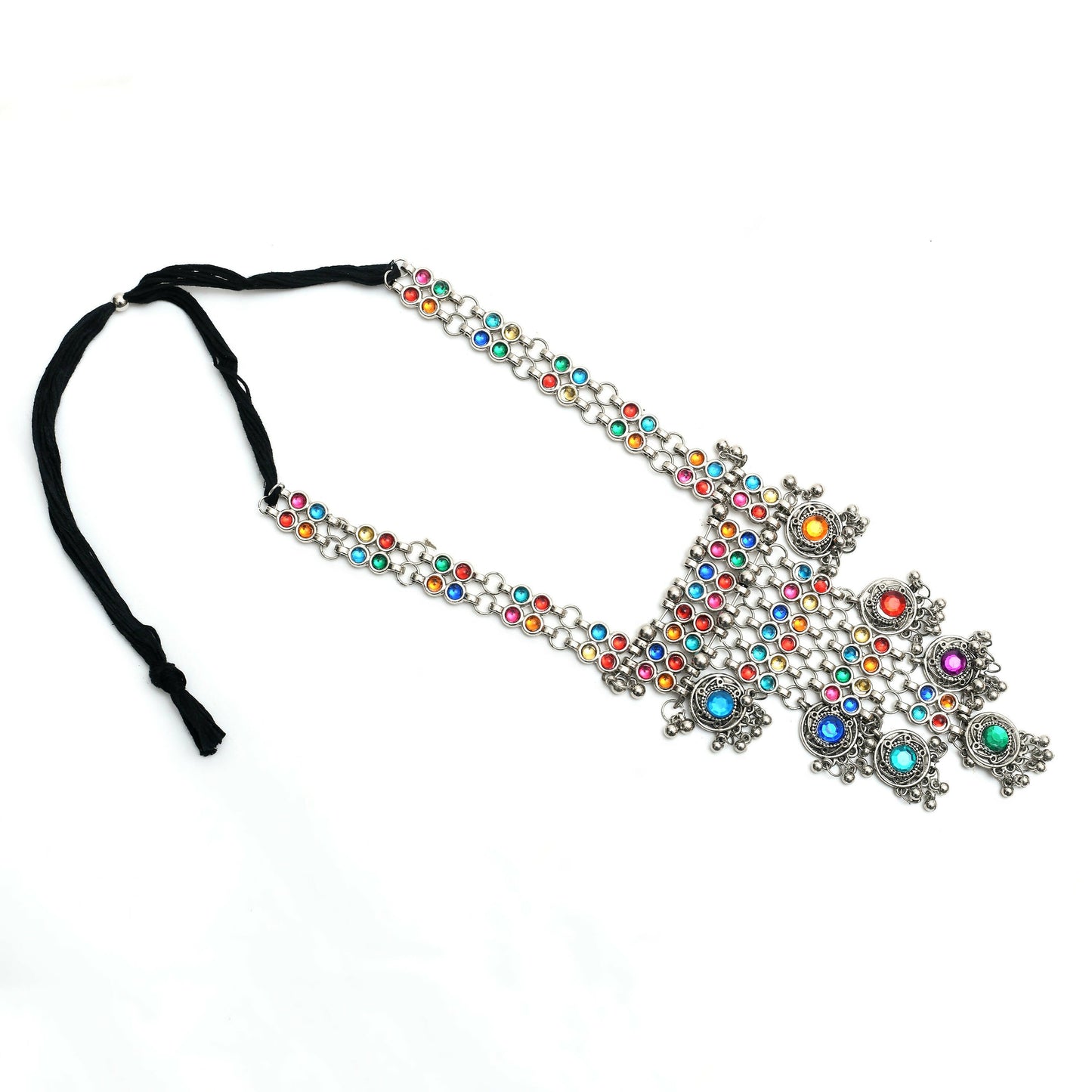 Mominos Fashion Johar Kamal Oxidised Silver-Plated Brass Finish Multi Kundan Afghani Long Necklace For Women