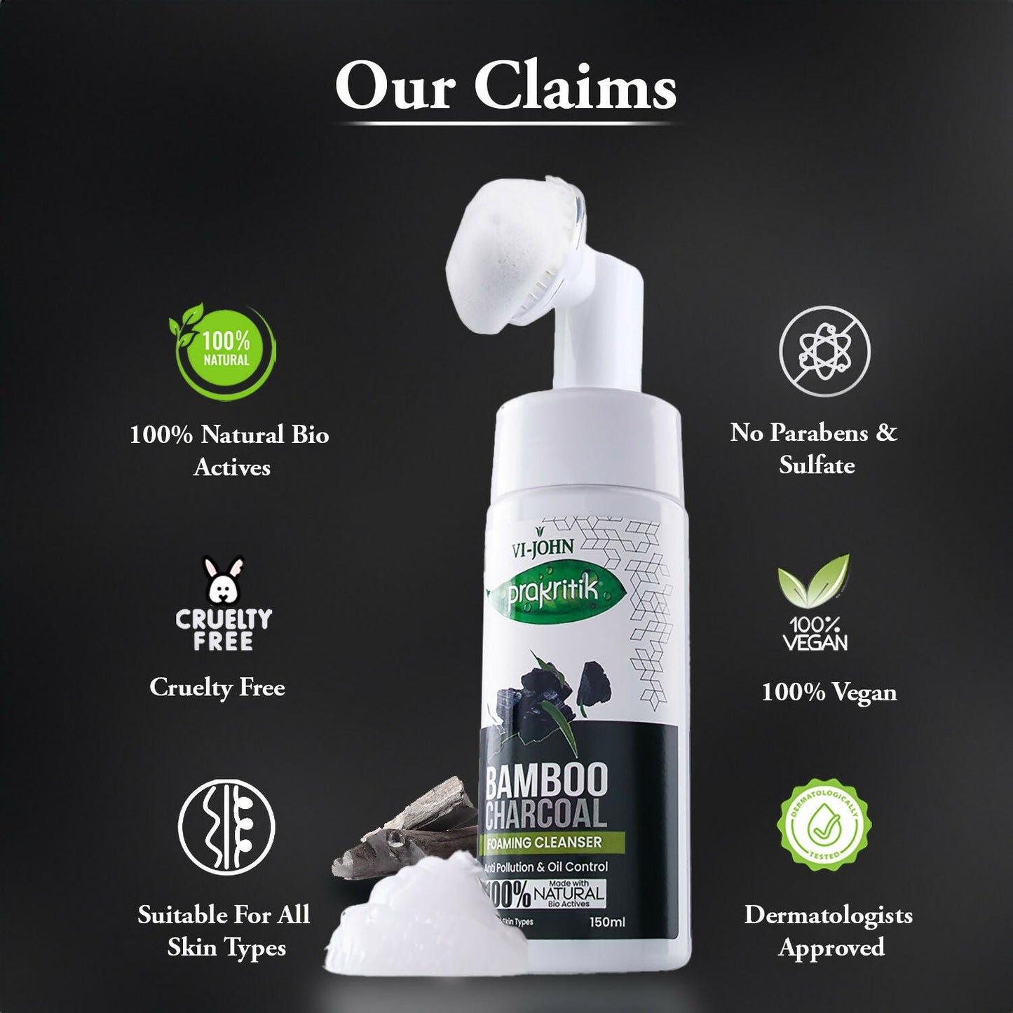 VI-JOHN Prakritik Bamboo Charcoal geling , Removes Tan, 100% Natural Bio Actives Face Wash