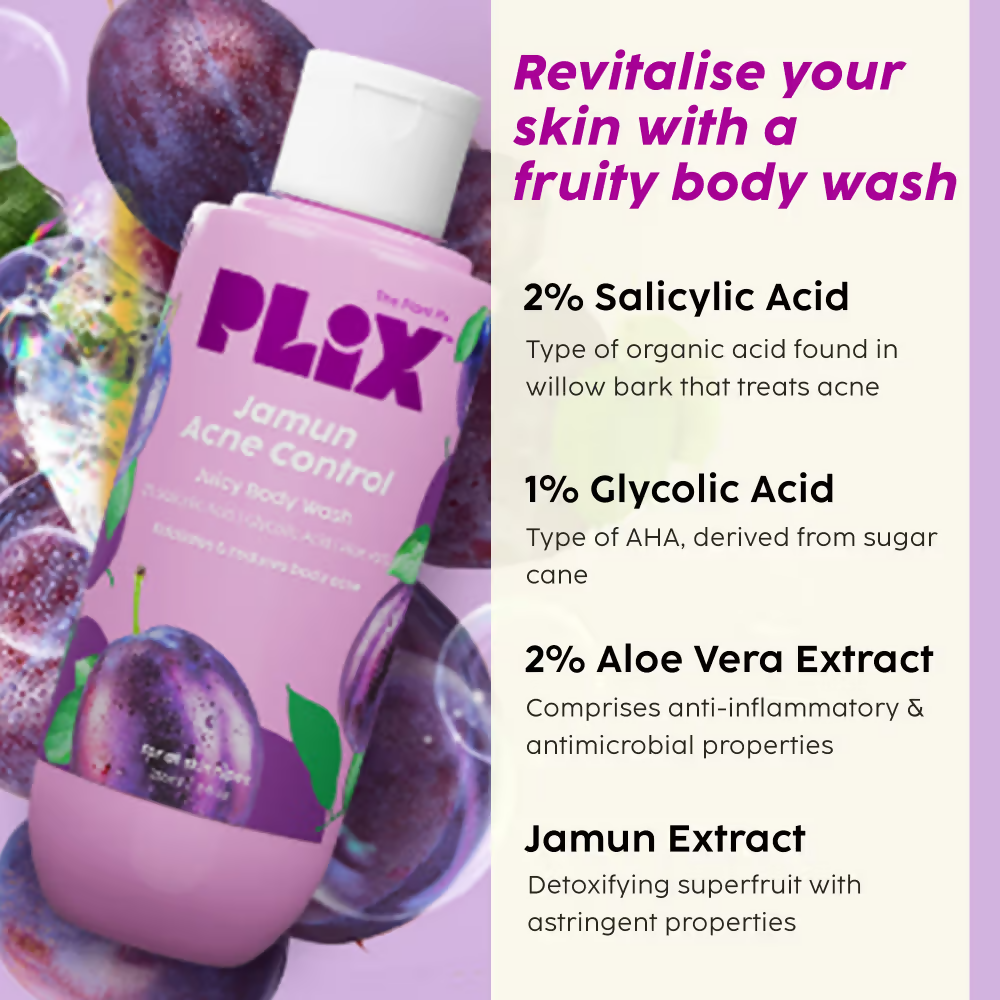 PLIX The Plant Fix Jamun Active Acne Regime - Cleanser, Acne Mark Serum, Moisturizer & Body Wash For Women & Men