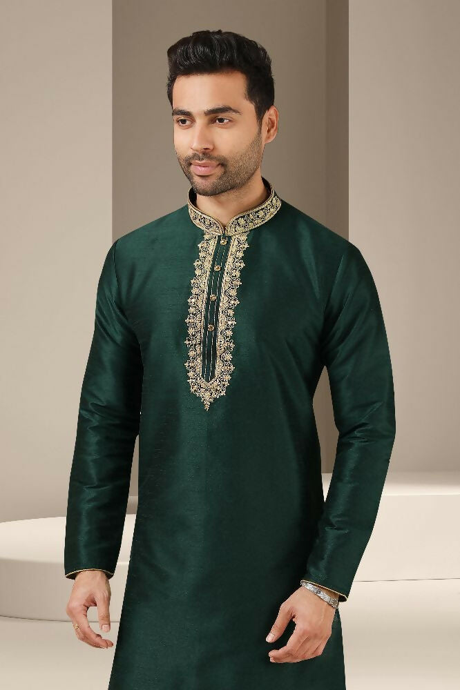 Raivat Ethnic Banarasi Art Silk Mirror Work Kurta Pajama In Dark Green Colour