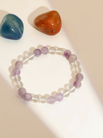 Clear Quartz and Amethyst White and Grey Beads Elastic Bracelet - Ruby Raang