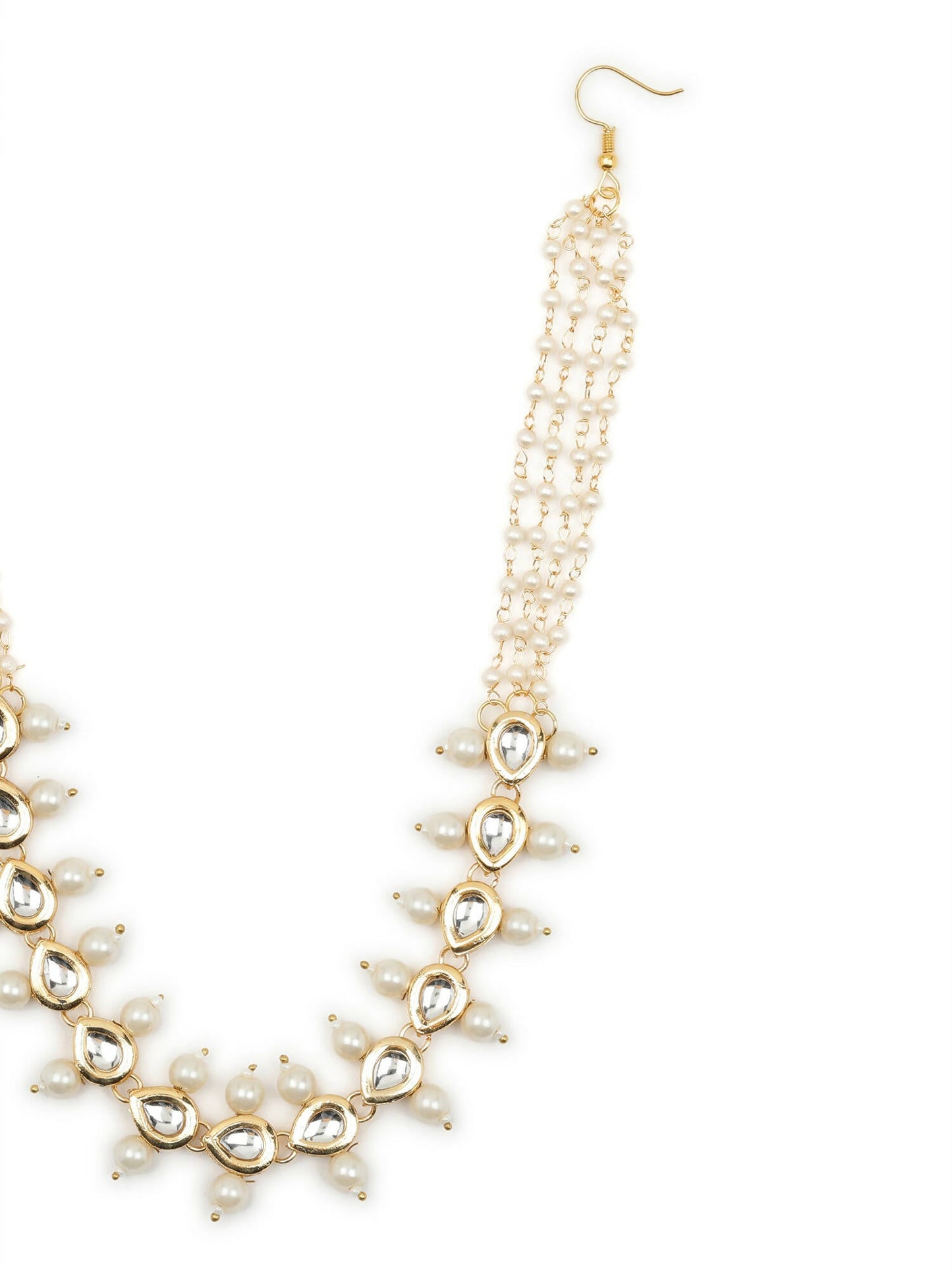 Gold-Polished White Kundan-Studded Pearl Beaded Hair Band - Ruby Raang