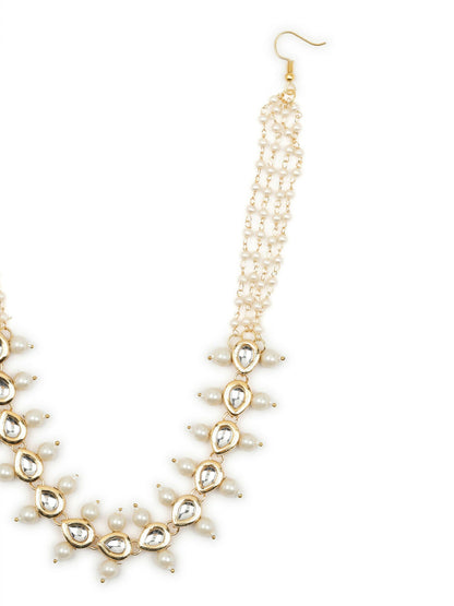 Gold-Polished White Kundan-Studded Pearl Beaded Hair Band - Ruby Raang