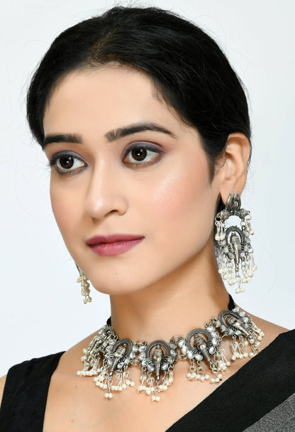 Mominos Fashion Johar Kamal Oxidised Silver-Plated Ganesha Design Necklace Choker Set
