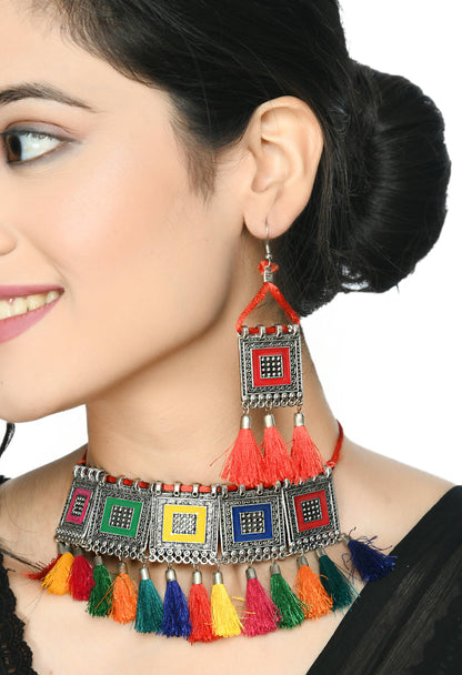 Mominos Fashion Johar Kamal Oxidised Silver-Plated Brass Finish Tassel Work Handicraft Choker For Women (Multi)