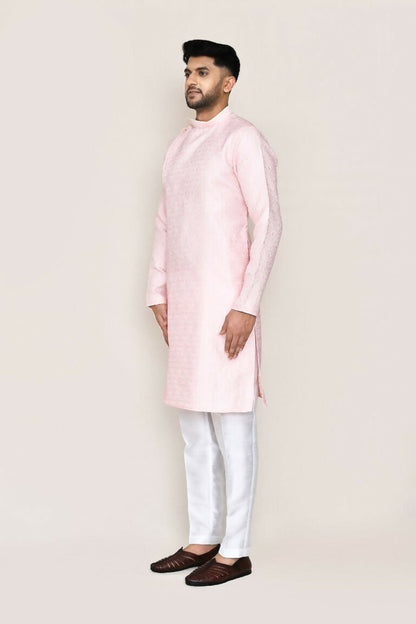 Joban Fashion Red Colored Weaving Silk Fabric Kurta With Straight Fit Pant