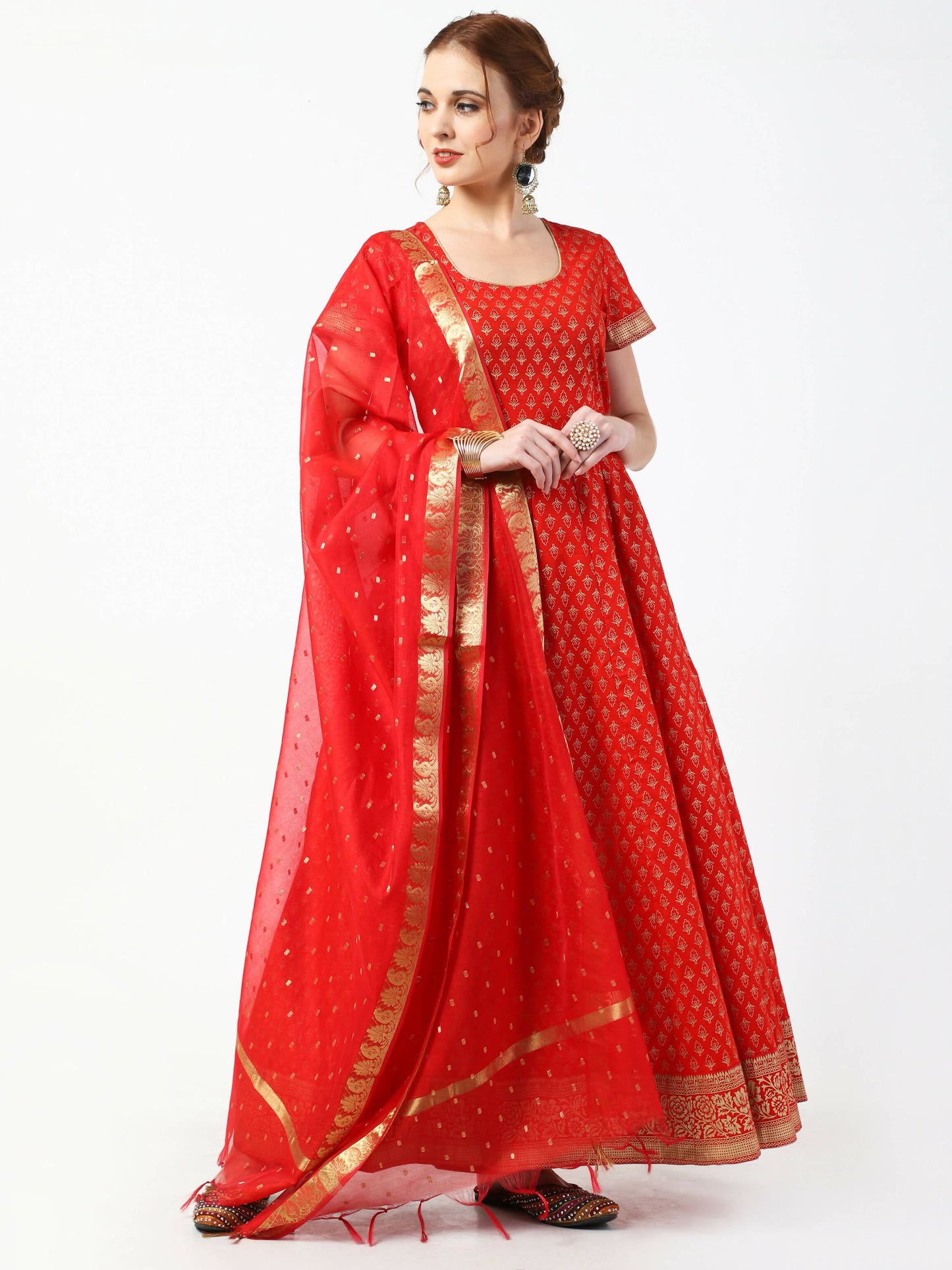 Cheera Women's Red Cotton Hand Block Print Long Dress With Silk Dupatta Set
