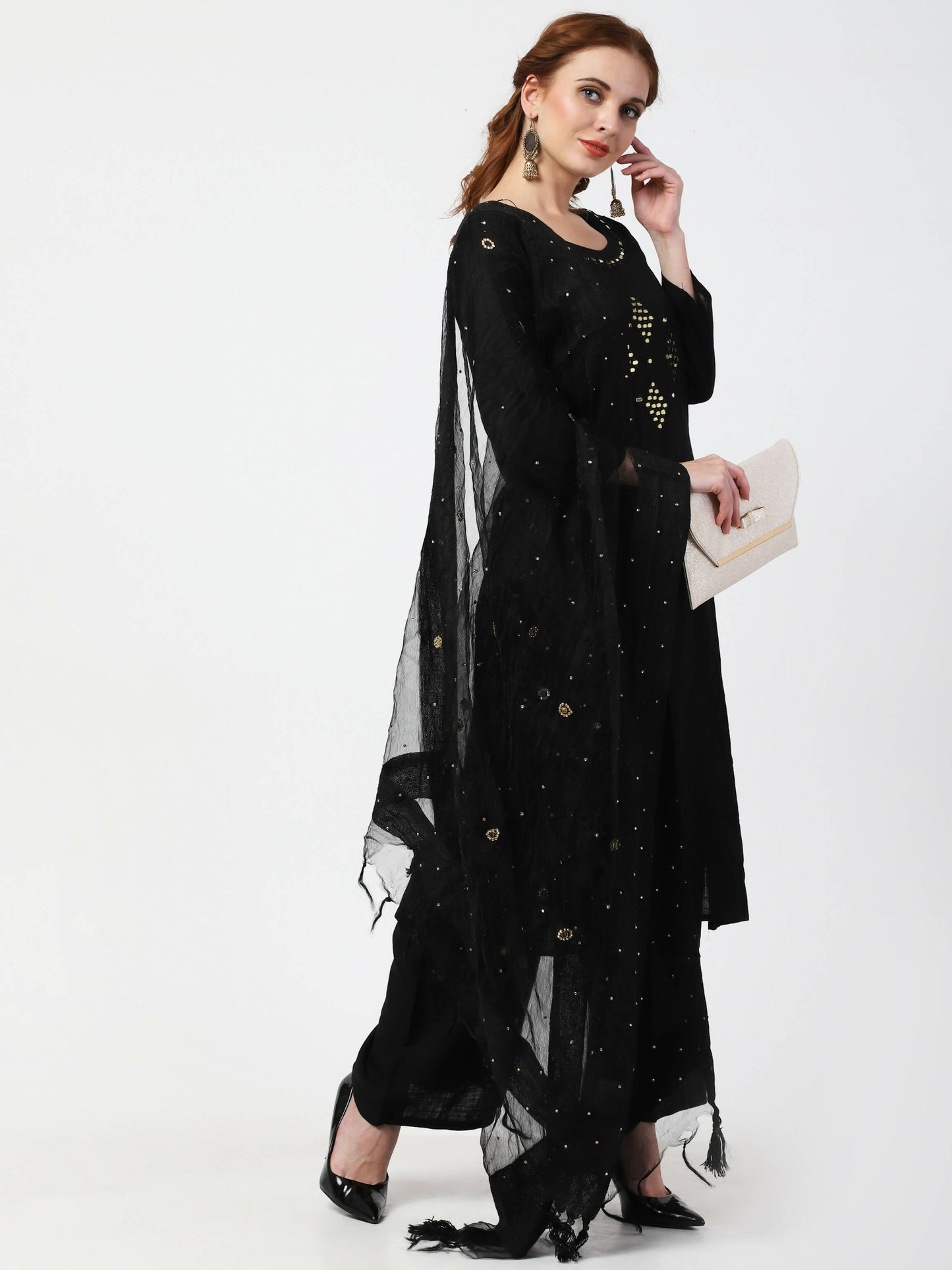 Cheera Women's Black Rayon Slub Kurta Palazzo Organza Silk Dupatta Set