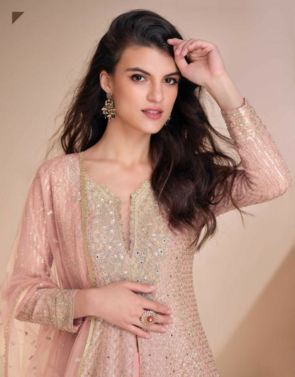 Anaita Peach Georgette Readymade Suit with Codding Dori & Sequence Work