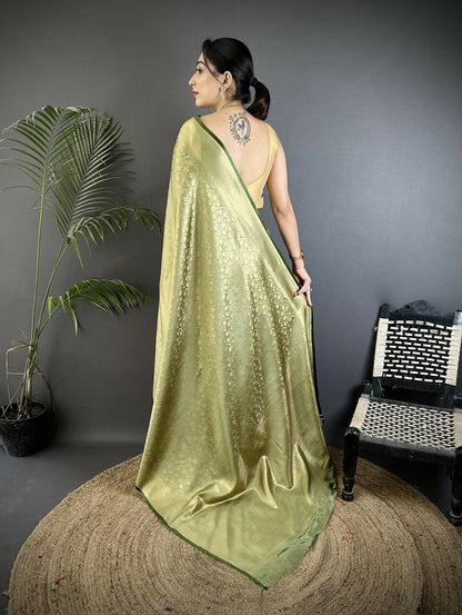 Joban Fashion Olive Green Floral & Paisley Motifs Soft Satin Silk Banarasi Saree