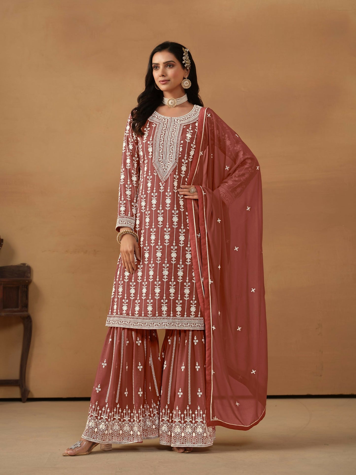 Anaita Brown Embroidered Faux Georgette Salwar Suit