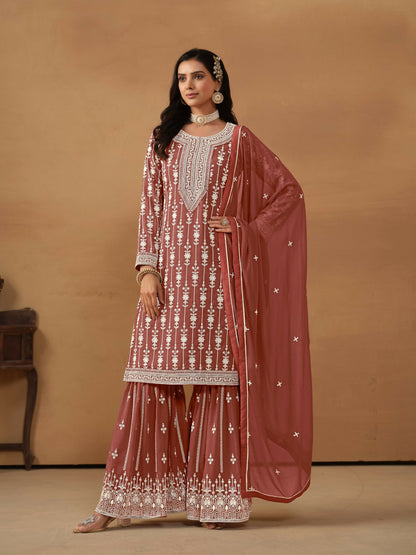 Anaita Brown Embroidered Faux Georgette Salwar Suit