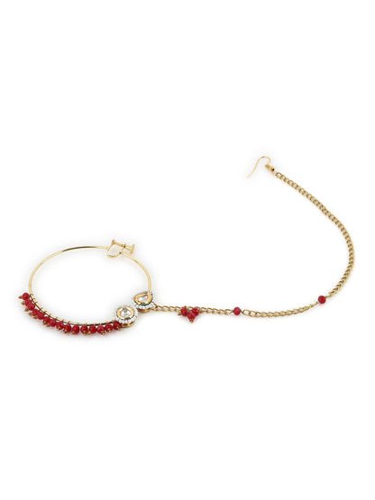 Gold-Polished White Red Kundan-Studded Pearl Beaded Nosepin - Ruby Raang