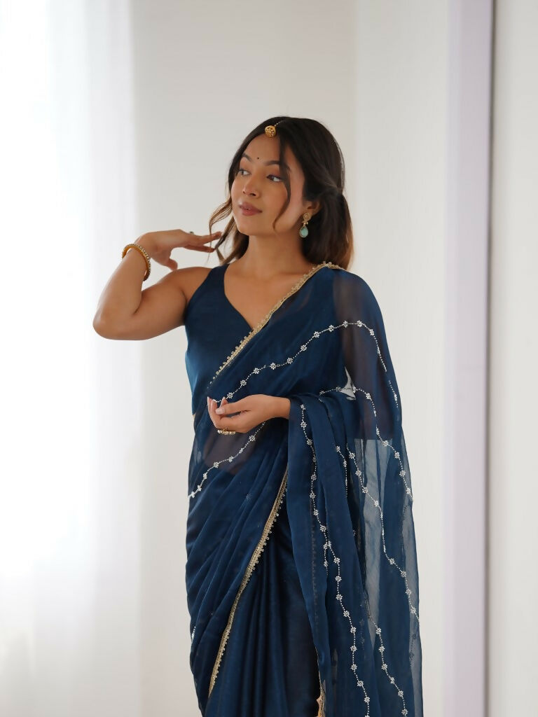 Petrol Sitara Chiffon Designer Beads Moti,Val Sequence Work Saree - Noorie
