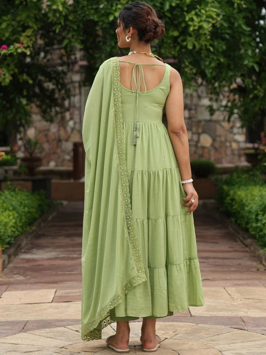 Anayna Women Round Neck Tiered Anarkali Kurta & Trousers With Dupatta