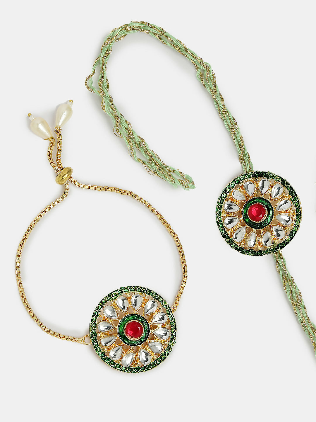 NVR Women & Men Set of 2 Gold Kundan-Studded Handcrafted Wraparound Rakhi Set With Roli Chawal