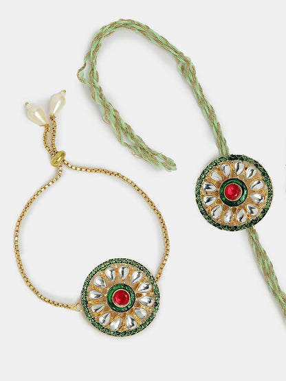 NVR Women & Men Set of 2 Gold Kundan-Studded Handcrafted Wraparound Rakhi Set With Roli Chawal