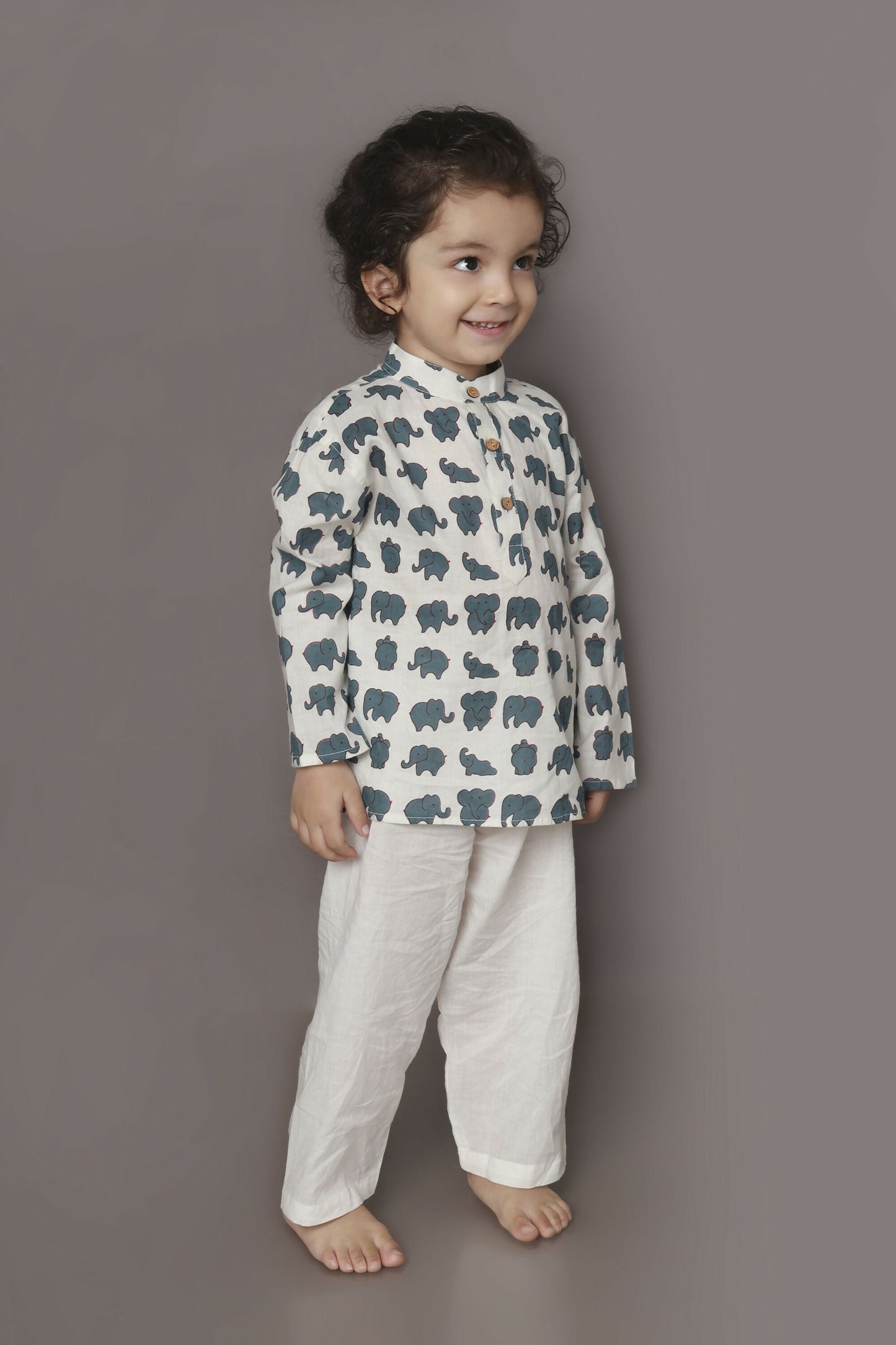 Breathables Kids Cotton Night Suit – White Elephant Print Kurta & Pyjama Co-Ord Set For Boys & Girls